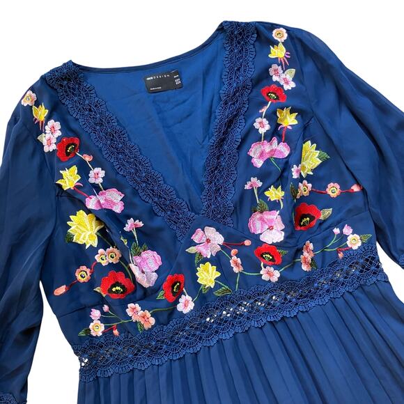 ASOS Design Floral Embroidered Pleat Skirt Midi Dress Size 16 Cottagecore Lace - Picture 2 of 7